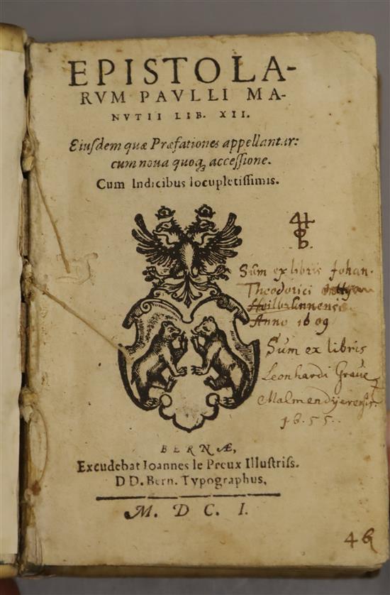 Ex-Libris Ratcliffe College - five small vellum-covered volumes in Latin, 16th and 17th century,